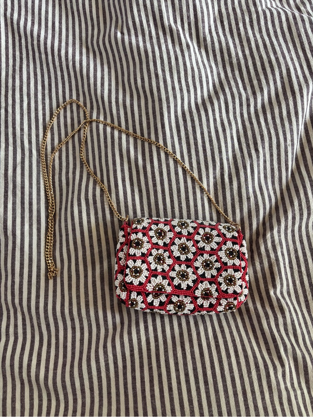 Anthropologie Beaded Floral Crossbody Bag in Red and White